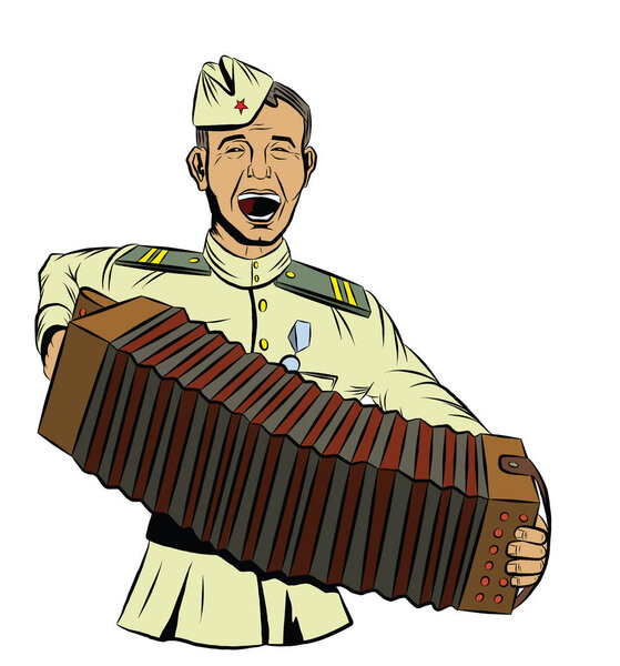 Советский солдат играет на аккордеоне и поет песню
