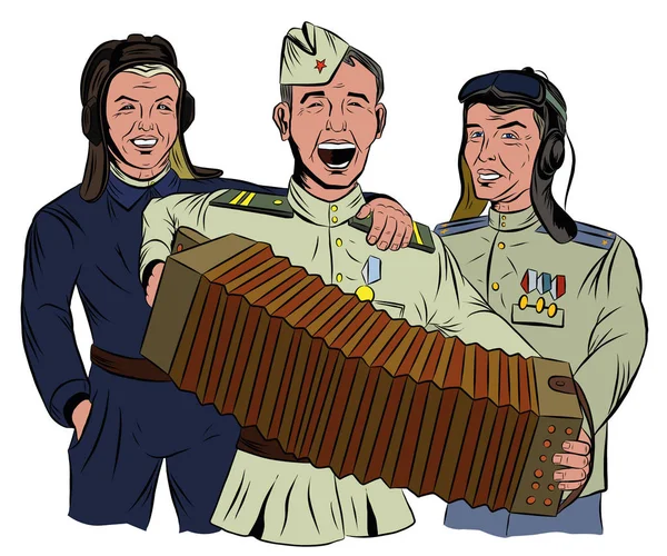 Three Soviet soldiers sing and play the accordion — Stock Vector