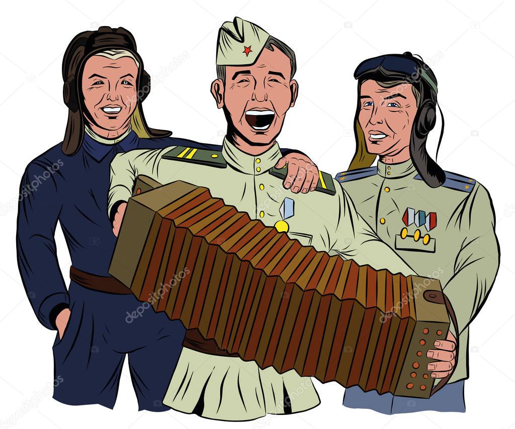 Three Soviet soldiers sing and play the accordion