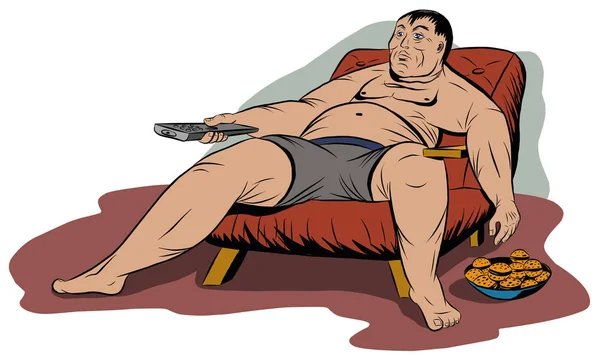 Hombre gordo sentado en una silla, sosteniendo un control remoto de TV — Archivo Imágenes Vectoriales