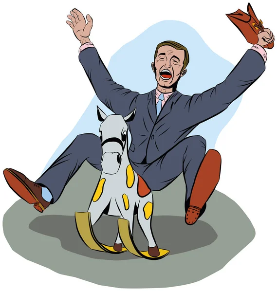 En man i kostym skrattar medan ridning en baby-häst — Stock vektor
