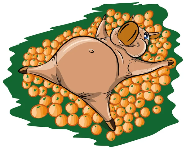A cheerful pig lies in a heap of oranges — Stock Vector