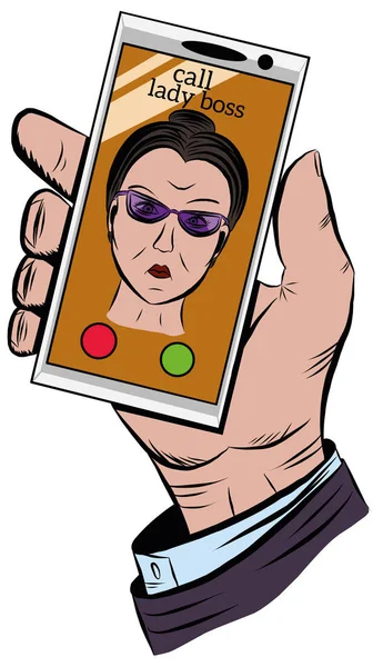Rukou drží telefon s příchozí hovor od šéfa žena — Stockový vektor