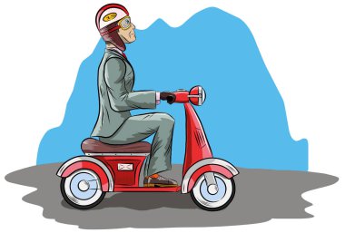 Bir adam bir takım elbise ve kask, motosiklet sürme.