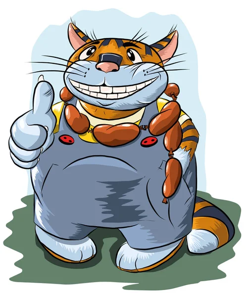 A fat cheerful cat with sausages, shows a sign all is well. — Stock Vector