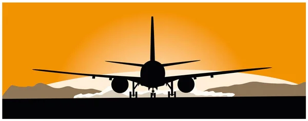 Avión despegando al atardecer, ilustración vectorial — Vector de stock