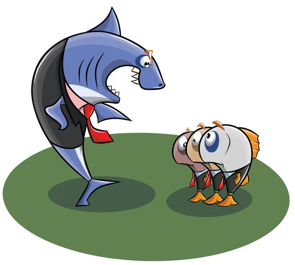 The chief of the shark swears at his subordinates small fish, vector illustration — Stock Vector