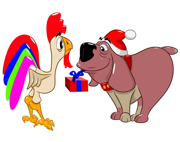 Funny Dog Christmas Hat Gives Gift Cock Vector Illustration — Stock Vector