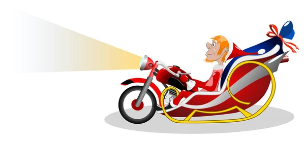 Bir motosiklet şeklinde bir atlı kızak üzerinde modern Santa Claus illüstrasyon vektör.