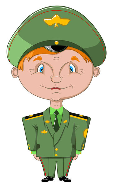 Funny positive soldier in military uniform, vector illustration