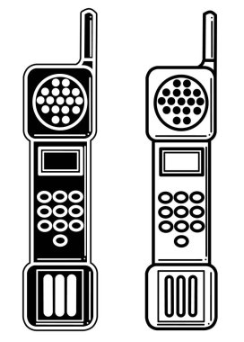 Eski bir telefonun siyah siluet simgesi. Beyaz arkaplanda izole edilmiş vektör illüstrasyonu.