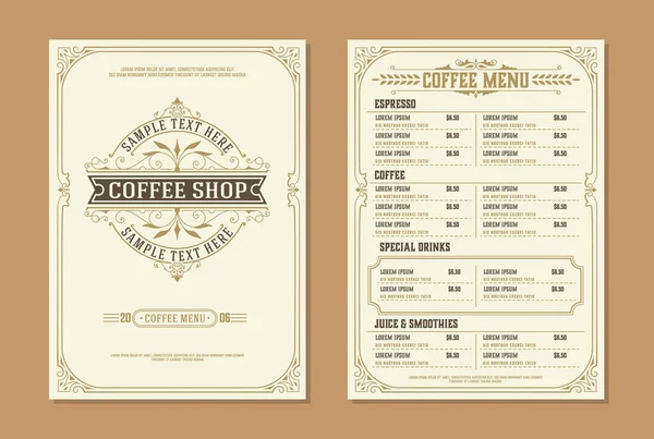 Coffeeshop-Logo mit Kaffeemenü-Design-Broschüre Vorlage. vint — Stockvektor