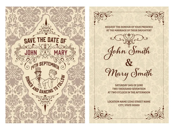 Вінтажне Запрошення Весілля Збережіть Дату Векторні Ілюстрації — стоковий вектор