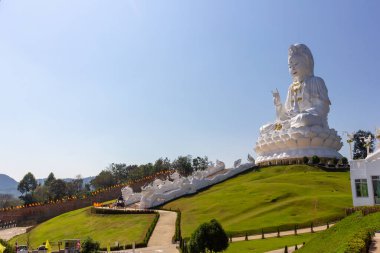 Büyük Bodhisattva Guan Yin Heykeli Büyük Heykel Ama gerçekçi orantılı Wat huay pla kang tapınağı, Chiangrai, Tayland.