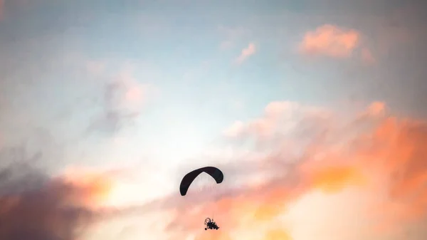 Silhueta Isolada Parapente Alimentado Voando Pôr Sol Conceito Espaço Cópia — Fotografia de Stock