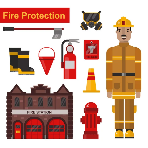 Conjunto de equipamentos de proteção contra bombeiros . —  Vetores de Stock