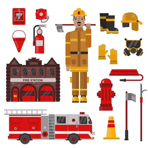 Conjunto de equipamentos de proteção contra bombeiros . —  Vetores de Stock