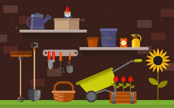 Ferramentas de jardim, equipamentos e plantas —  Vetores de Stock