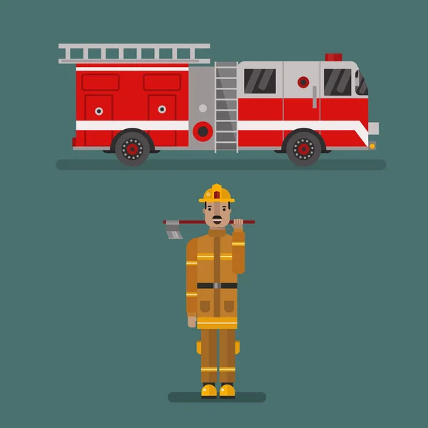 フラット スタイルの消防士と消防車 — ストックベクタ