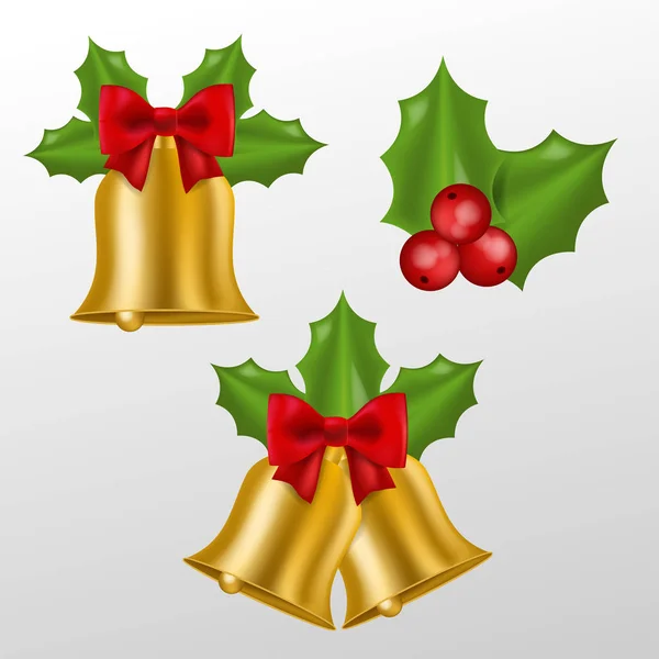 Golden Christmas Bells Mistletoe Vector Illustration — Stock Vector