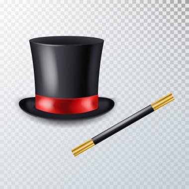 Sihirli şapka sihirli değnek, gri arka plan üzerinde vektör çizim ile