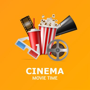 Poster turuncu zemin üzerine gözlük, makara, patlamış mısır, soda, Bilet ve sözcük sinema film süresi ile