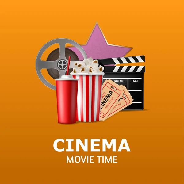 Plakat Kołowrotka Popcorn Napoje Gazowane Bilety Clapperboard Słowa Kino Film — Wektor stockowy