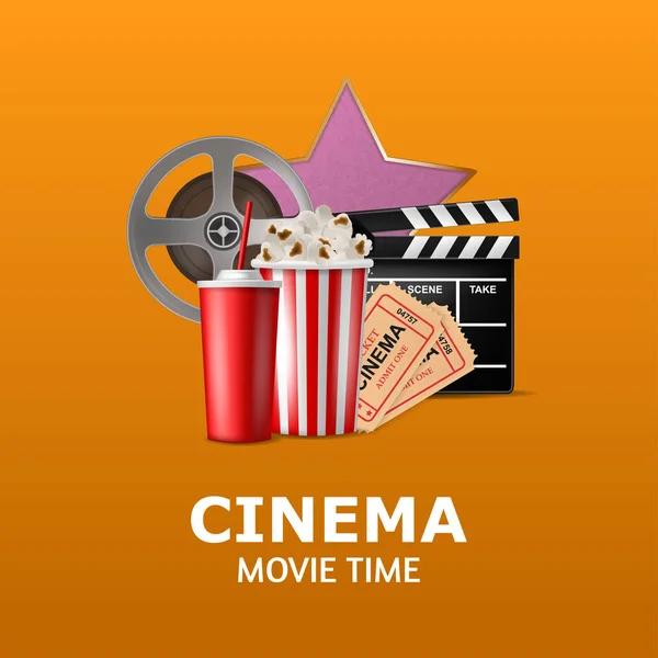 Poster reel, patlamış mısır, soda, biletleri, Klaket ve kelime sinema film zamanında turuncu arka plan ile