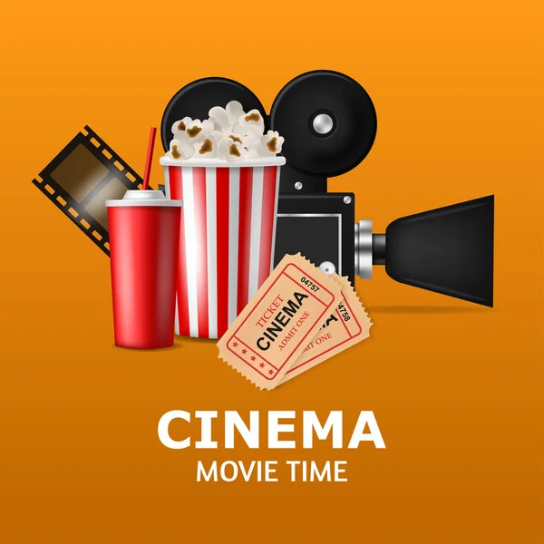 Kamera, patlamış mısır, soda, Bilet ve sözcük sinema film zamanında turuncu arka plana poster