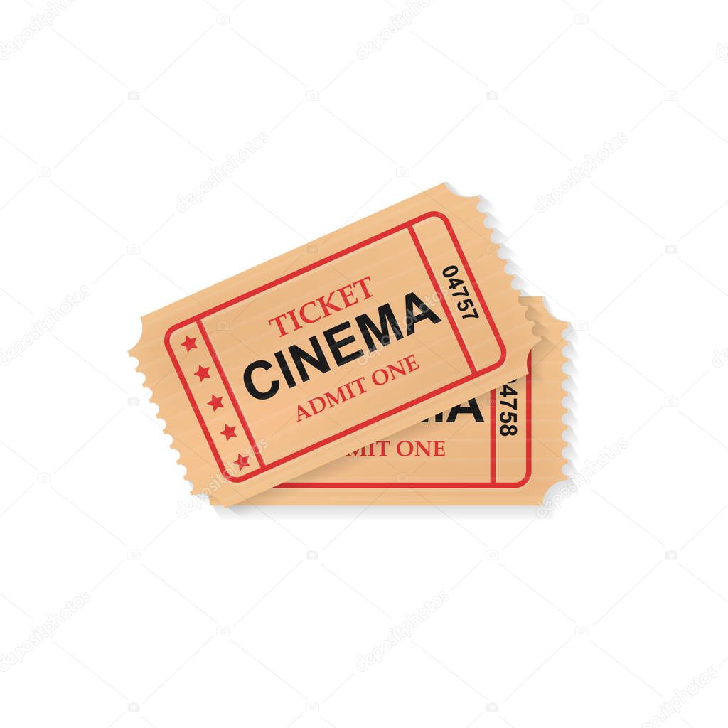 two retro cinema tickets isolated on white background