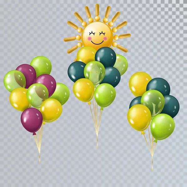 明るい夏ヘリウム風船とグラデーション メッシュの太陽気球のベクトル現実的な束のセット — ストックベクタ