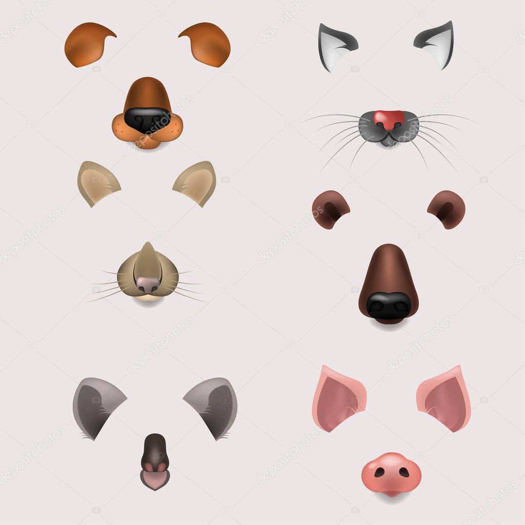 Set of vector realistic animals faces for video chat, photo effects, selfie filters.