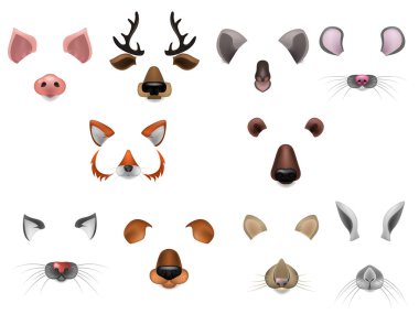 Vektör gerçekçi hayvanları yüzler görüntülü sohbet, fotoğraf efektleri, selfie filtreler set