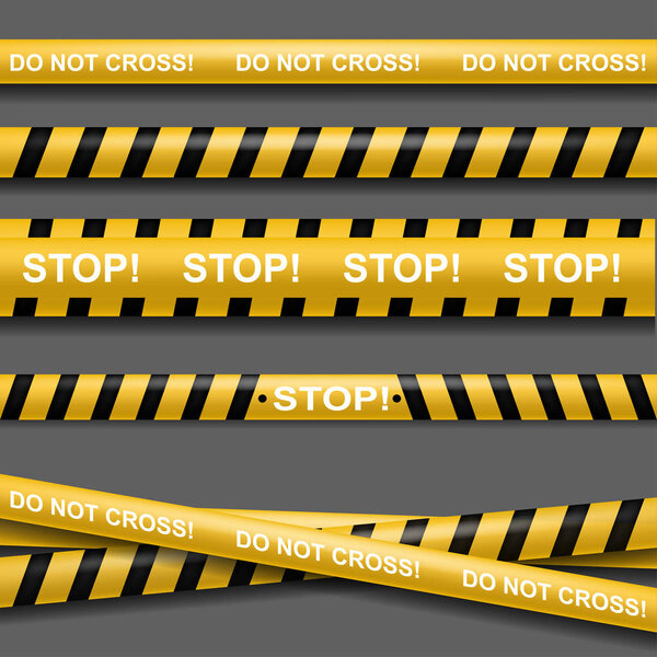 Yellow tape caution, police line, stop ribbon.