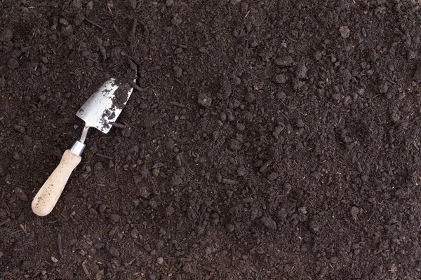 Jeden bílý rýč leží v úrodné černé půdě — Stock fotografie