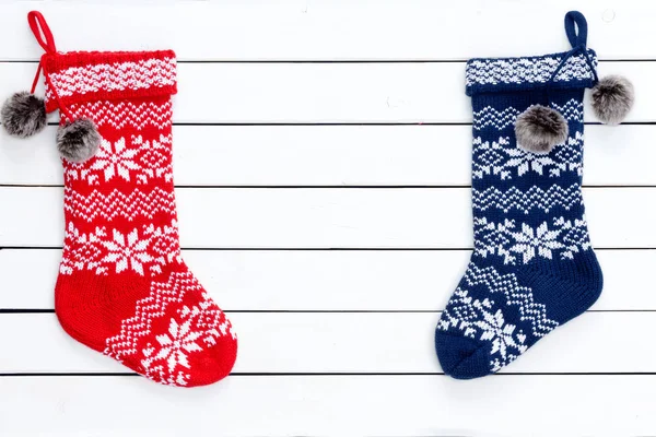 Couple colorful patterned Christmas stockings — Stock Photo, Image