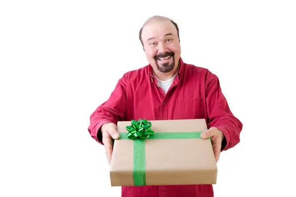 Smiling bearded man giving a gift — Stock Photo, Image