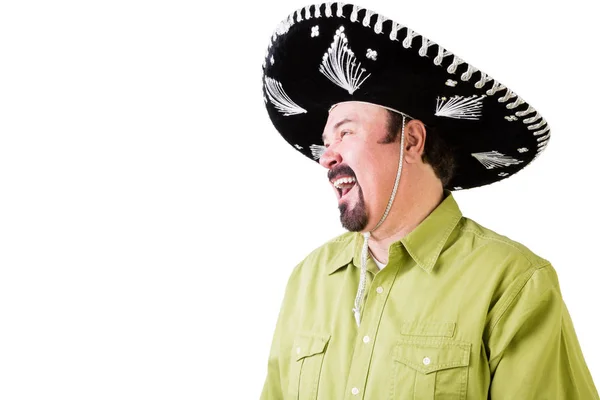 Vista lateral do homem rindo no chapéu sombrero mexicano — Fotografia de Stock