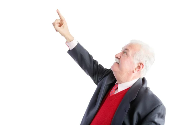Doordachte oudere man boven zijn hoofd te wijzen — Stockfoto