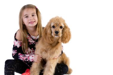 Pretty genç kız cocker spaniel köpeği sarılma
