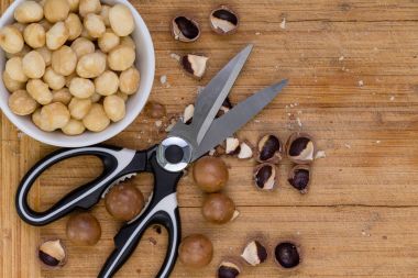 Kabuklu ve bütün macadamia fıstığı makasla