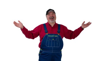 Laughing happy man in dungarees raising his arms clipart