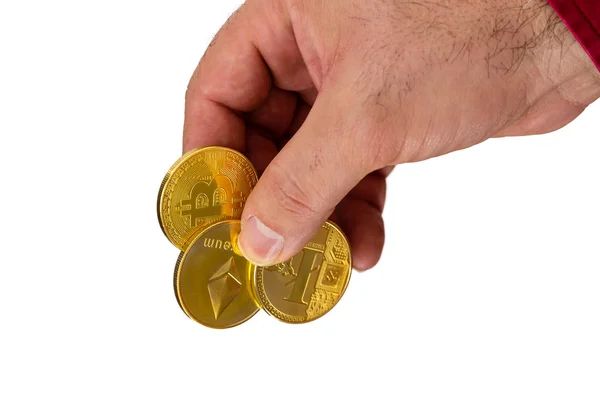 Mano celebración criptomoneda moneda de oro — Foto de Stock