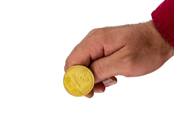 Hand dreht Kryptowährung goldene Münze — Stockfoto