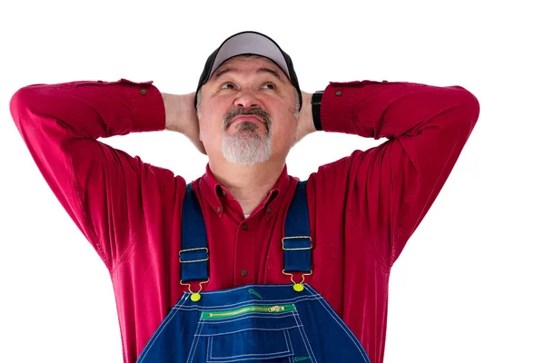 Farm worker wearing dungarees on white background — Stock Photo, Image