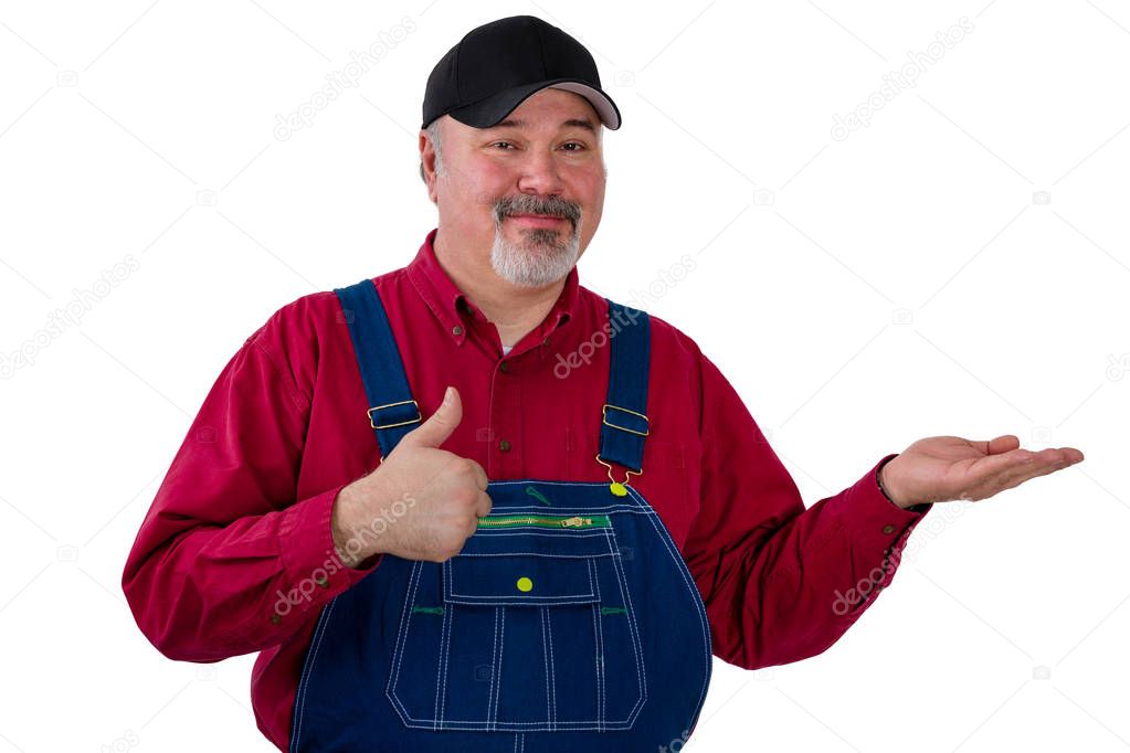 Farmer holding out his empty palm over white