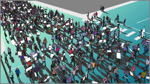 Иллюстрация маршей толпы и демонстраций за права человека с пустыми знаками и плакатами
