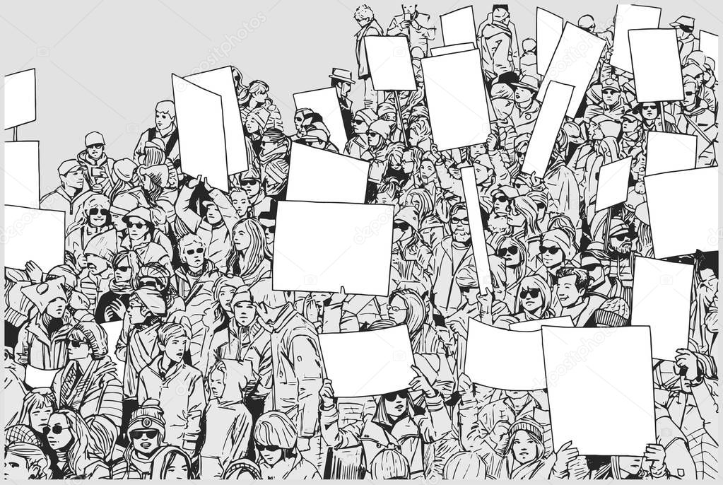 Illustration of crowd protesting for human rights with blank signs and banners