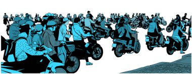 Motosiklet ve motorlu bisikletler ile meşgul Güney Doğu Asya sokak görünümü gösteren resim