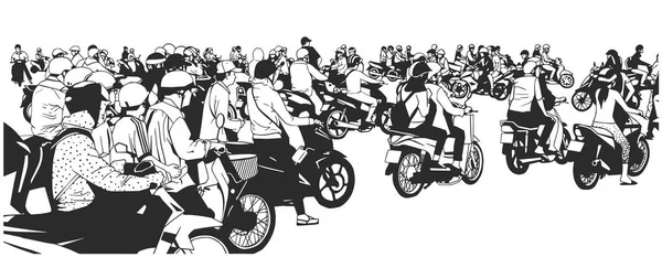 Ilustrasi pemandangan jalanan Asia Tenggara yang sibuk dengan sepeda motor dan sepeda motor - Stok Vektor
